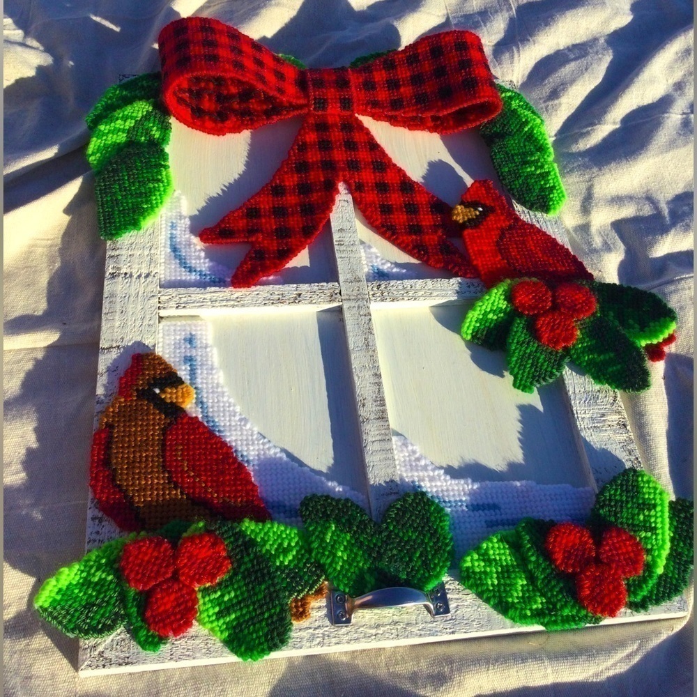20”‎ handmade Wood window cardinal Christmas decor needle work check gingham red